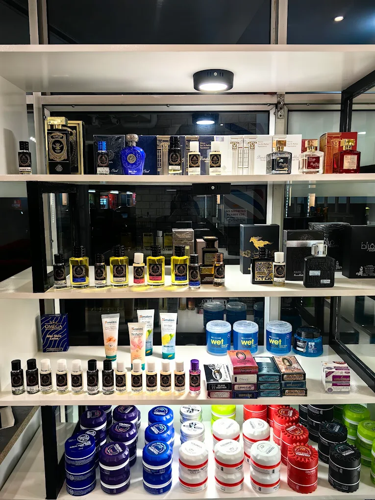 M F A Barber premium product shelf